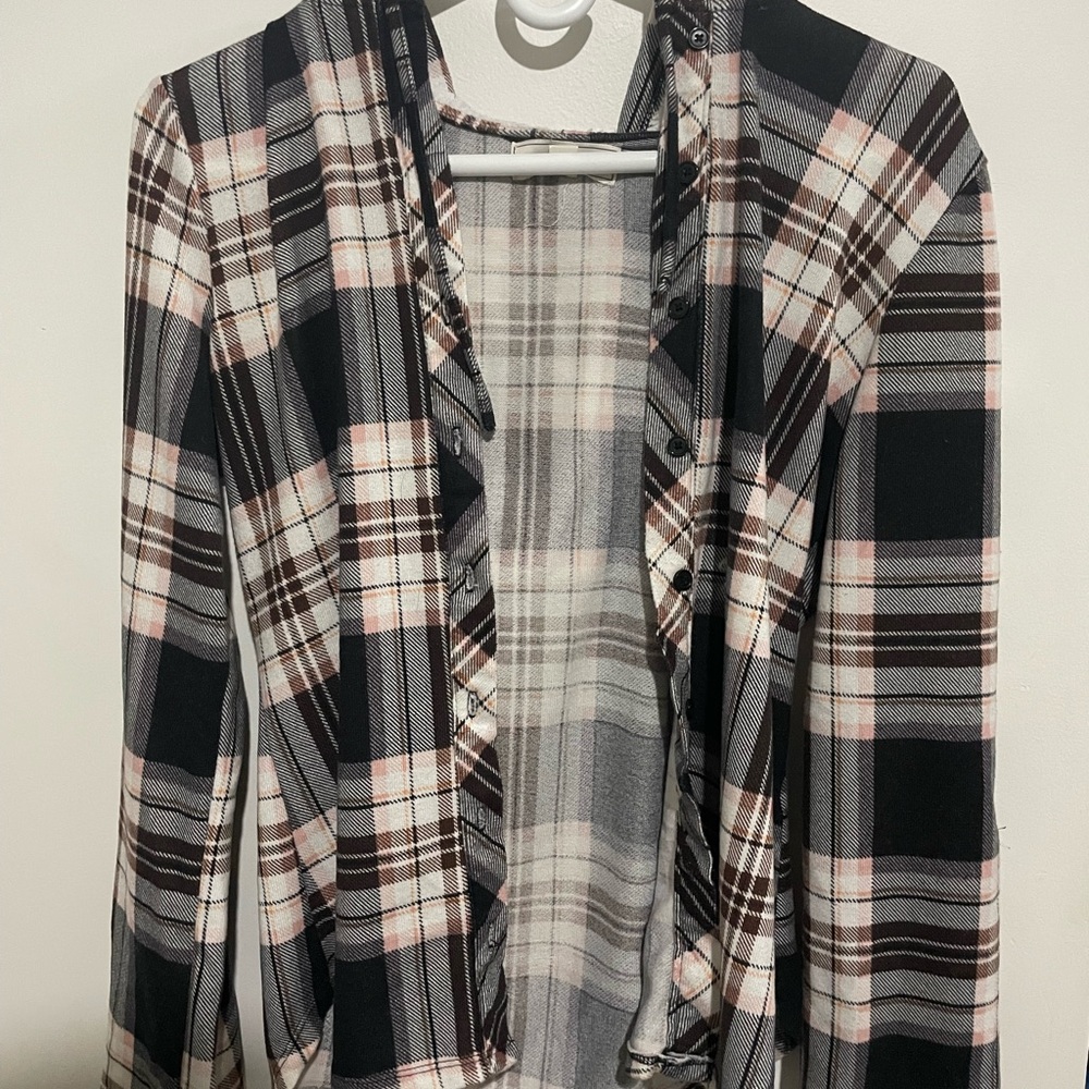 Plaid Hooded Button-Up in Black, White, Pink & Brown